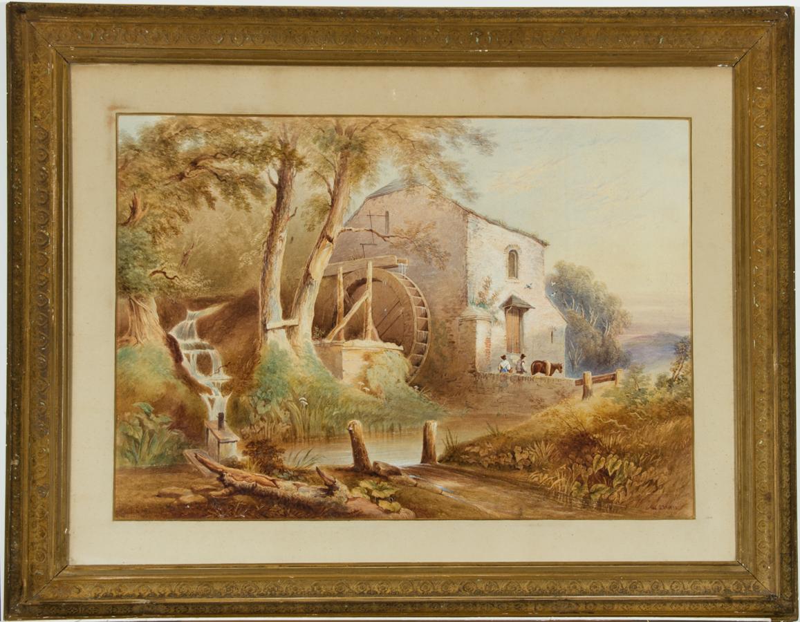 An impressive large English School watercolour depicting figures outside a water mill, with some body colour, scratched highlights and gum Arabic. Presented in a gild frame with decorative mouldings. Signed. On wove.