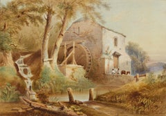 W. Stevens - 19th Century Watercolour, Figures in a Water Mill Scene