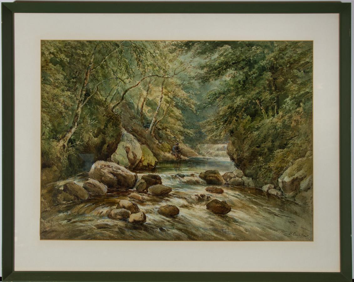 Das Gemälde zeigt einen Mann (der Kleidung nach zu urteilen möglicherweise ein Schotte), der in einem von der Sonne beschienenen Wald an einem Fluss angelt. Das Gemälde zeigt das Können des Künstlers mit einer zurückhaltenden und ausgereiften