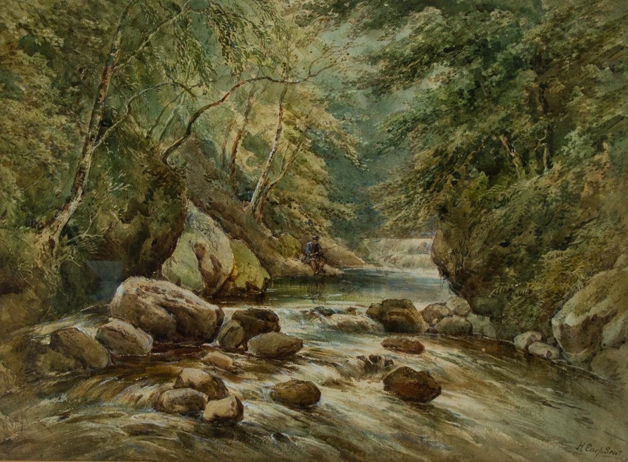 A highly accomplished and confident watercolour of considerable size.The painting shows a man (possibly Scottish judging by his attire) fishing by a river in a sun dappled wood. The painting shows the artist's skill with a restrained and mature
