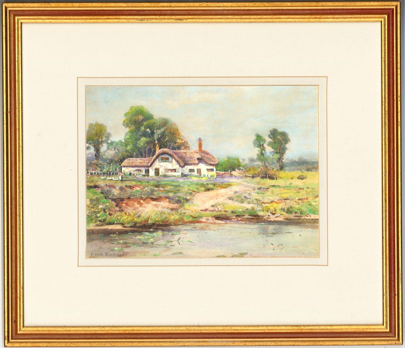 A fine watercolour painting with gum Arabic that makes the sky appear slightly 'sparkly'. Presented in a double card mount and gilt frame. Painted by the listed artist Frank Richards. Signed. On wove.