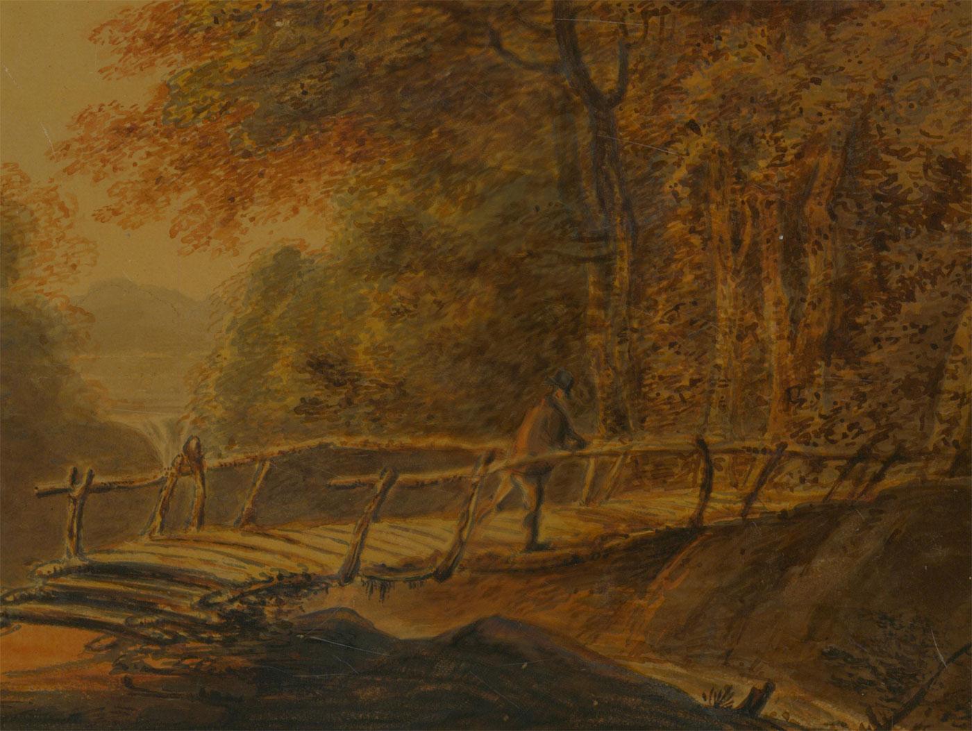 A very fine early 19th Century watercolour, attributed to the Welsh painter John Downman ARA (1750-1824). The scene shows a figure pausing on a wooden footbridge crossing over the crest of a waterfall. Another fall can be seen in the distance,