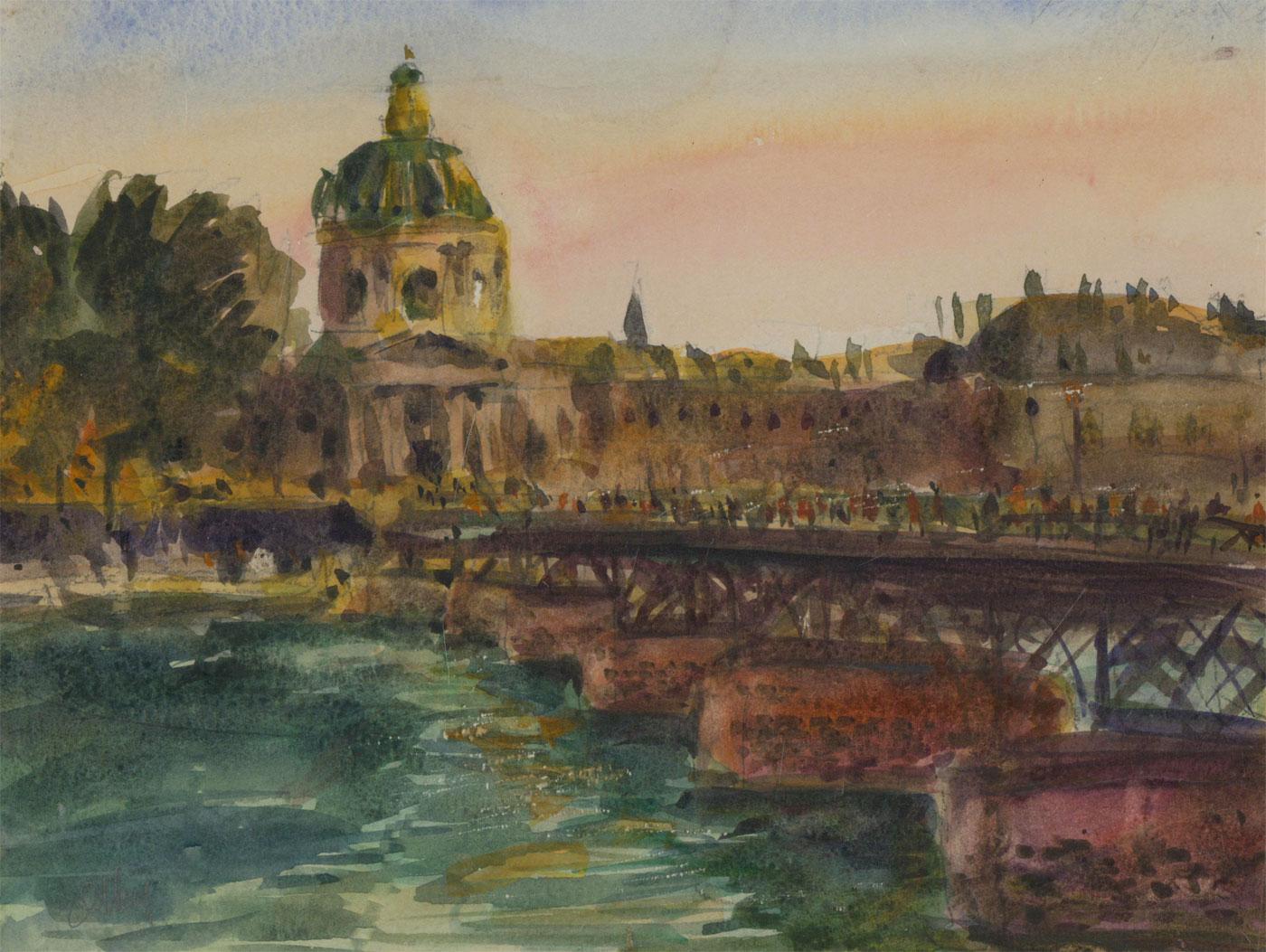 A finely executed watercolour by the listed artist Ronald Olley, depicting figures on the Pont des Arts bridge over the River Seine.The pastel hues around the sky area give this painting an early evening feel. With small scratch marks to the river