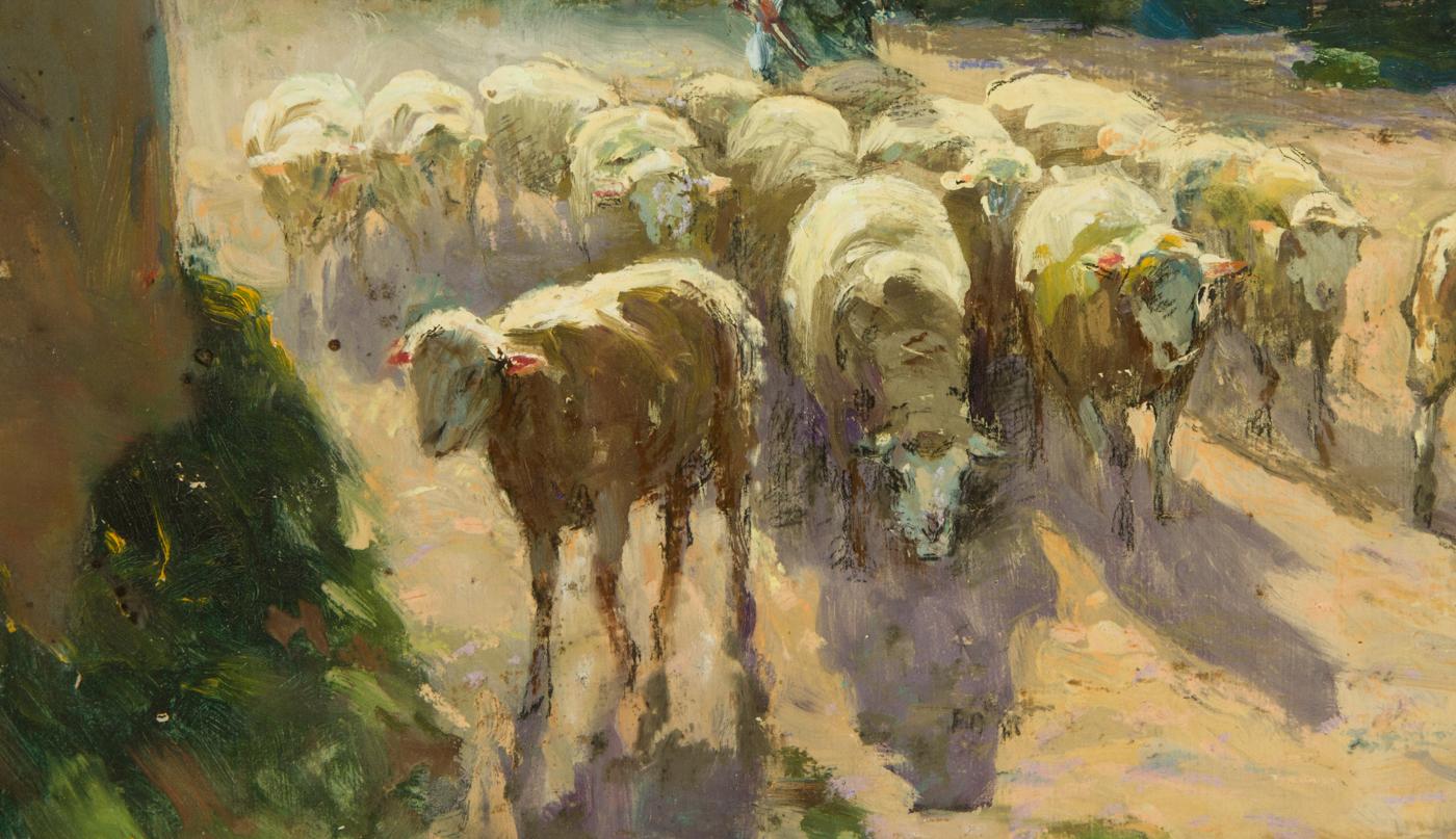 Claude Honore Hugrel (1880-1944) - Large Signed 1926 Gouache, French Shepherdes - Brown Landscape Art by Claude HonorÃ© Hugrel