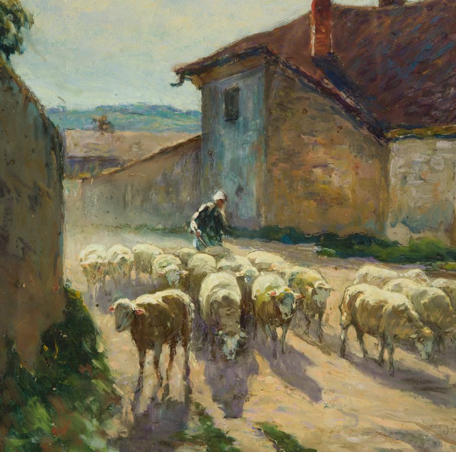 A stunning signed French pastoral view by the acclaimed French artist Claude HonorÃ© Hugrel (1880-1944), depicting a shepherdess driving her flock along a country lane. The artist has included some small details in pastel and charcoal, such as