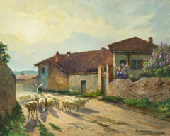 Claude Honore Hugrel (1880-1944) - Gouache grande firmado en 1926, Pastores franceses