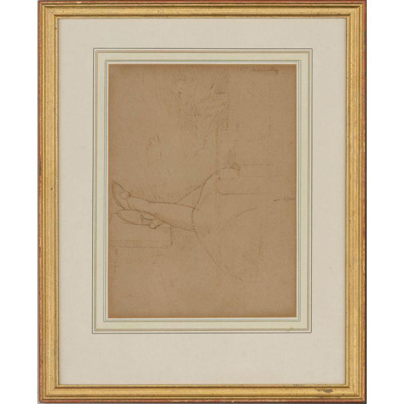 A very delicate study of figures at rest. With a lady putting her feet up on a stool and male figures in the background. Very well presented in a washline mount and gilt frame. With a Sally Hunder label to the reverse for the exhibion 'Twenties