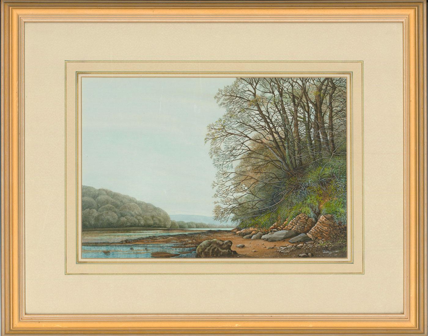 An impressive pair of watercolours by listed British artist John Whitney. The artwork showing a rive scene measures (45.5 x 56.5cm), window measures (24 x 35cm) and has an exhibition label on the reverse inscribed 'Manyley, Fowey Estuary, Cornwall.