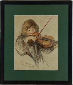 Vintage Framed Early 20th Century Pastel - Young Girl Playing the Violin