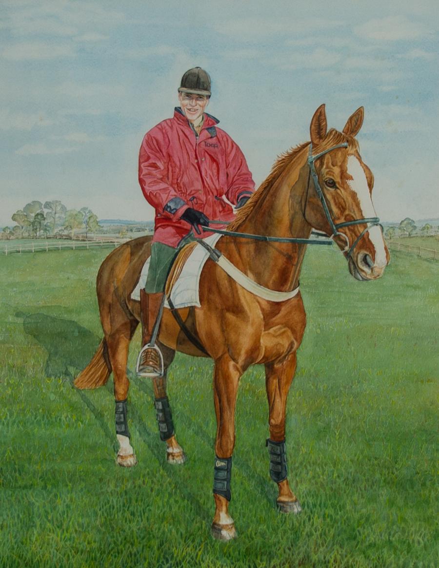 A very finely painted watercolour study of the New Zealand equestrian Blyth Tait. Ready Teddy was an eventing horse competitively ridden by Blyth. Together the pair competed in three Olympics, winning gold at the 1996 Summer Games, and took two