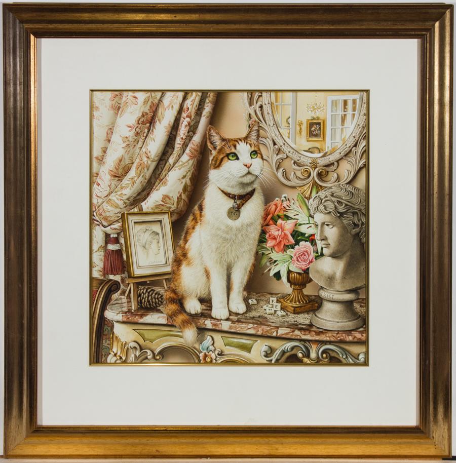 A superb study of a cat on a marble topped mantlepiece by the British artist Geoffrey Tristram. Originally painted for a stationery and ceramic range. Due to the successes of the original illustrations Tristram went on the create a large range of
