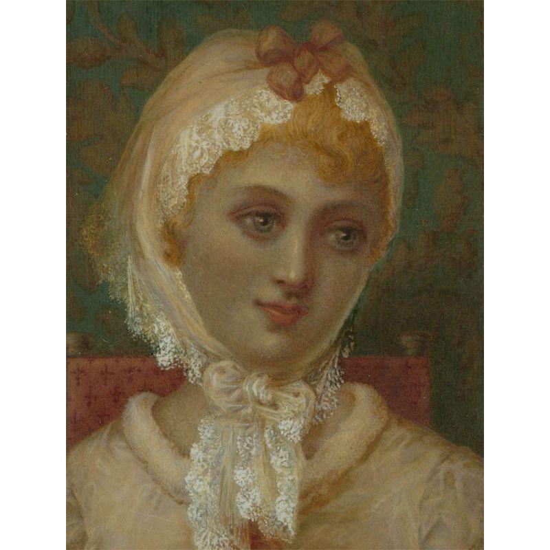 A fine portrait of a young woman with blonde hair. She is depicted wearing a delicate lace cap that is tied in a pretty bow. The artist has used touches of body colour to emphasize the lace material. Well presented in a gilt effect mount and gilt