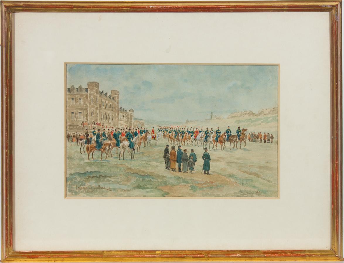 A fine and delicately detailed late 19th Century watercolour military scene, by the French artist Henri Lafarge de Gaillard. The scene depicts a rank of lancers and cavalry marching past, near a large chateau. Onlookers to the foreground contrast