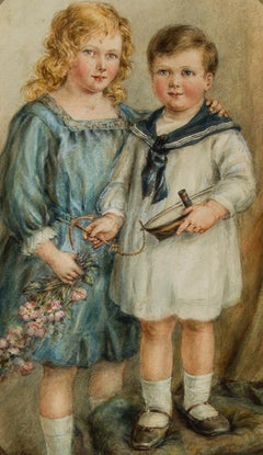 C. Mannuie - Gerahmtes Aquarell, Studie eines jungen Jungen und eines Mädchens aus dem Jahr 1916
