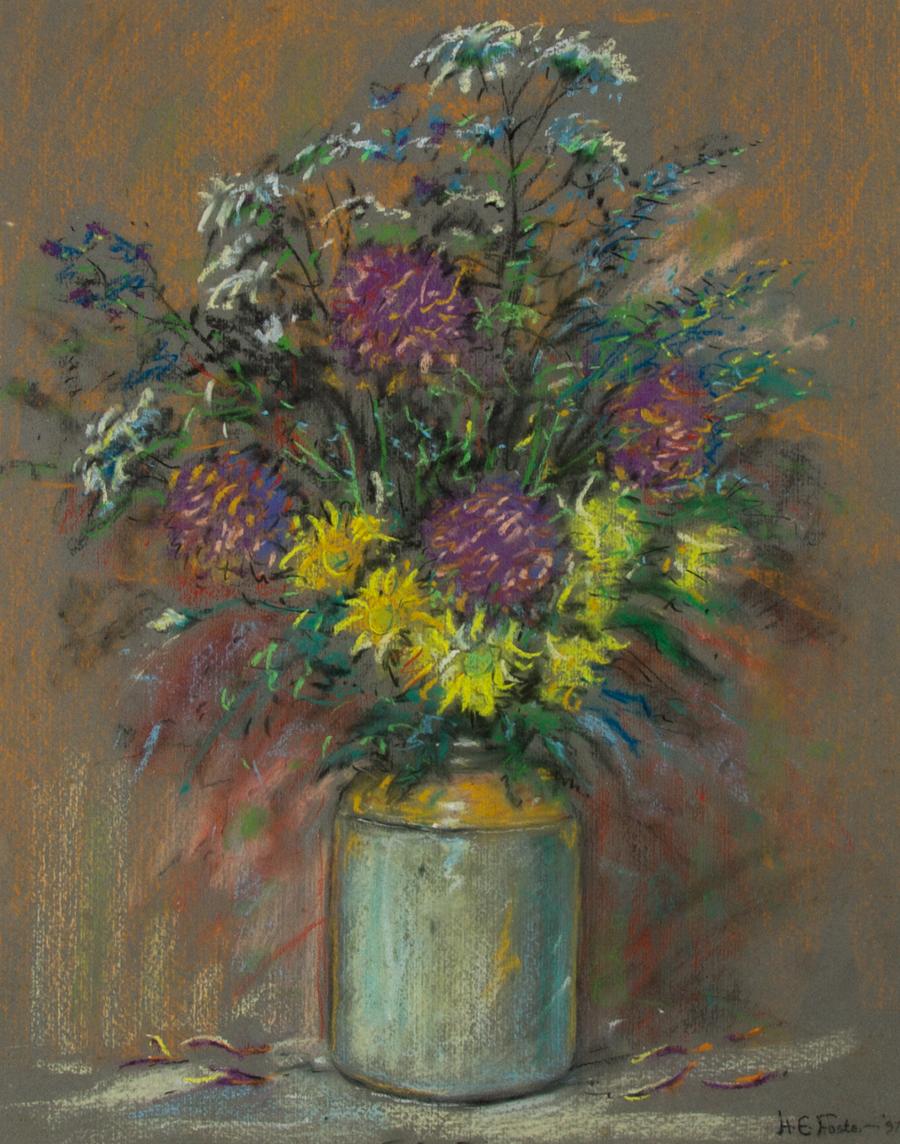 A lovely pastel painting by the artist Henry E. Foster, depicting a flower arrangement in a jar. Well-presented in a double card mount and in a venner frame with distressed gilt effect detailing. Signed and dated.
