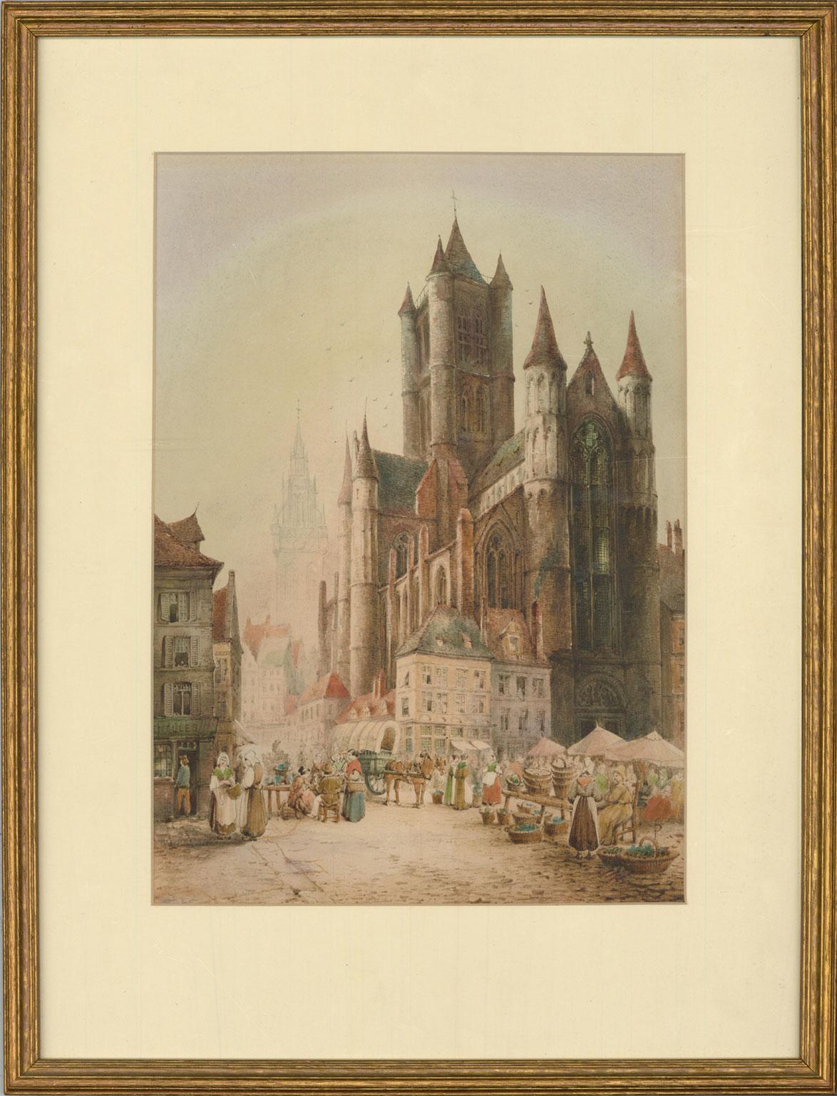Una exquisita escena callejera belga en Gante, con la imponente iglesia de San Nicolás rodeada de puestos de mercado y bulliciosas figuras. Pintado por el coleccionista inglés Samuel Gillespie Prout, famoso por sus escenas callejeras continentales.