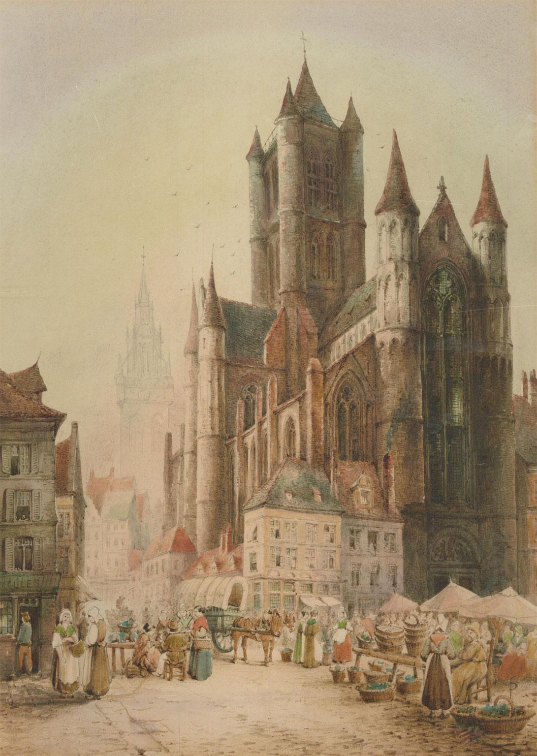 Samuel Gillespie Prout (1822-1911) - Acuarela, Iglesia de San Nicolás, Gante en venta 1