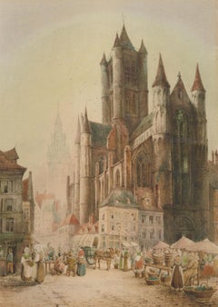 Samuel Gillespie Prout (1822-1911) - Aquarelle, église Saint Nicholas, Gand