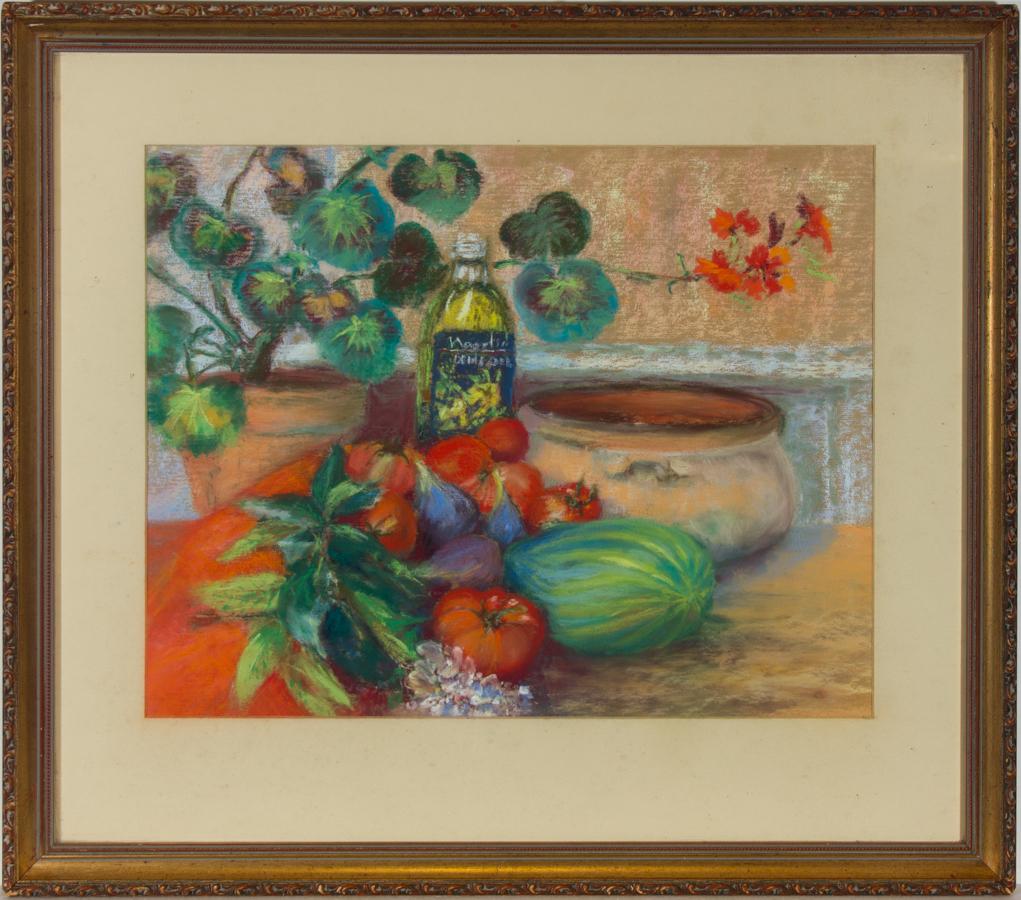 A fine and vibrant pastel still life drawing by the artist Anne Allen Stevens, depicting a fresh selection of typical mediterranean food ingredients. Label with artist's name and title to the reverse. Well-presented in a card mount and in a