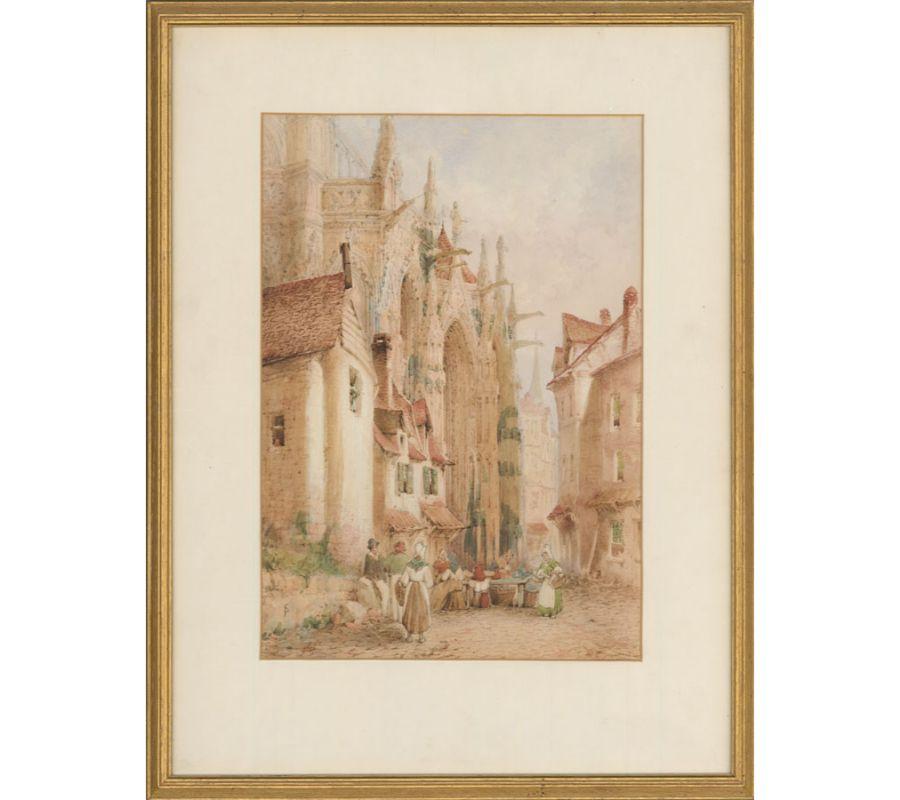 A very fine 19th century watercolour by well listed artist Samuel Gillespie Prout (1822-1911). Depicting a busy market day scene in Antwerp. Well presented in a modern gilt effect frame. Inscribed on the reverse 'Antwerp'. Signed with monogram. On