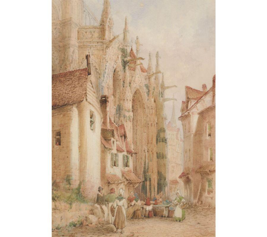Samuel Gillespie Prout (1822-1911) – Gerahmtes Aquarell, Markttag in Antwerpen im Angebot 1