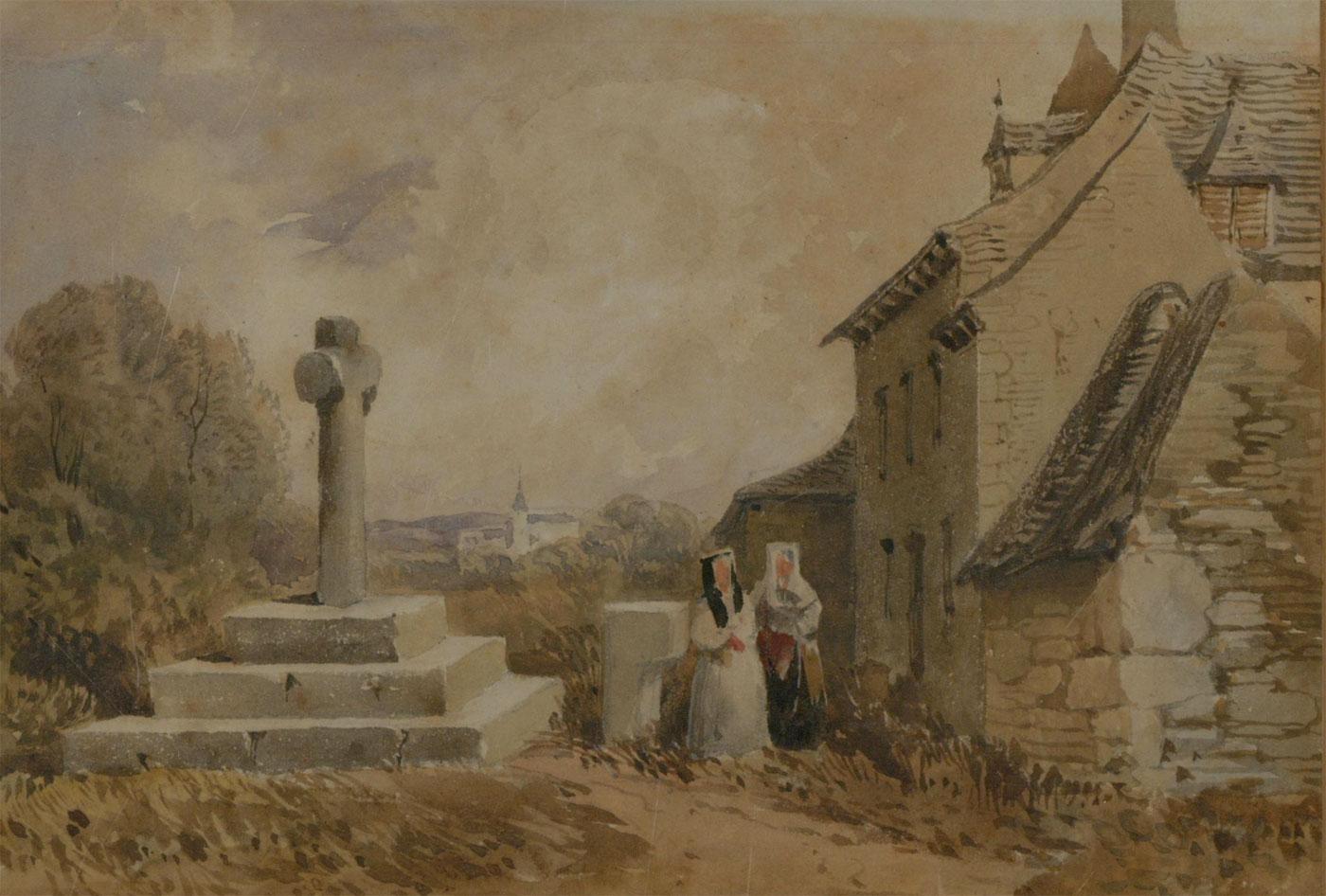 Attrib. Robert Brandard (1805-1862) - Watercolour, Stone Wayside Cross For Sale 1