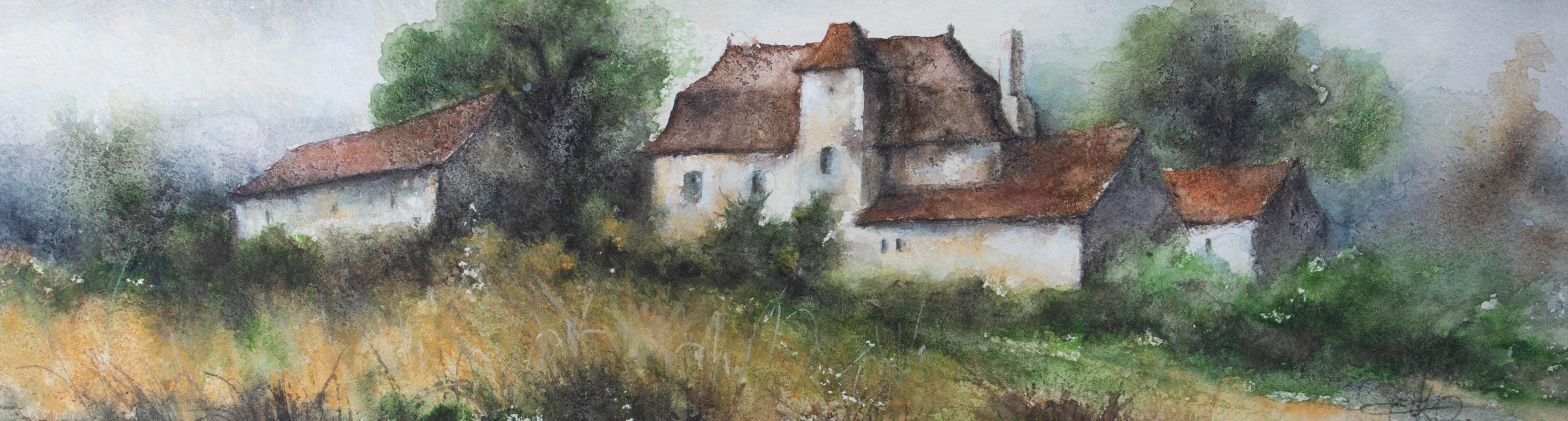 20th Century Watercolour - French Farmstead - Brown Landscape Art by Unknown