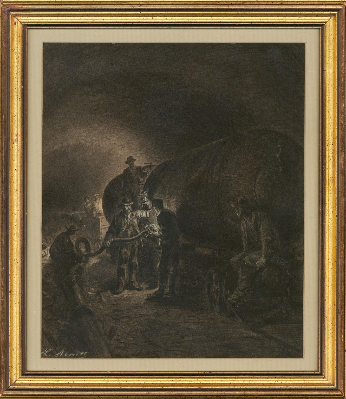 LÃ©on Benett Figurative Art - LÃCon Benett (1839-1917) - Very Fine Charcoal Drawing, The Railway Tanker