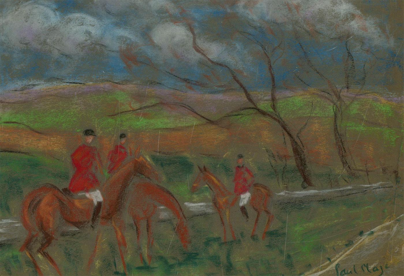 A fine pastel painting and an excellent representation of the work of well-known Anglo-French artist Paul Maze. The painting depicts a hunting scene with three figures wearing traditional scarlet hunt coats and their horses at the English