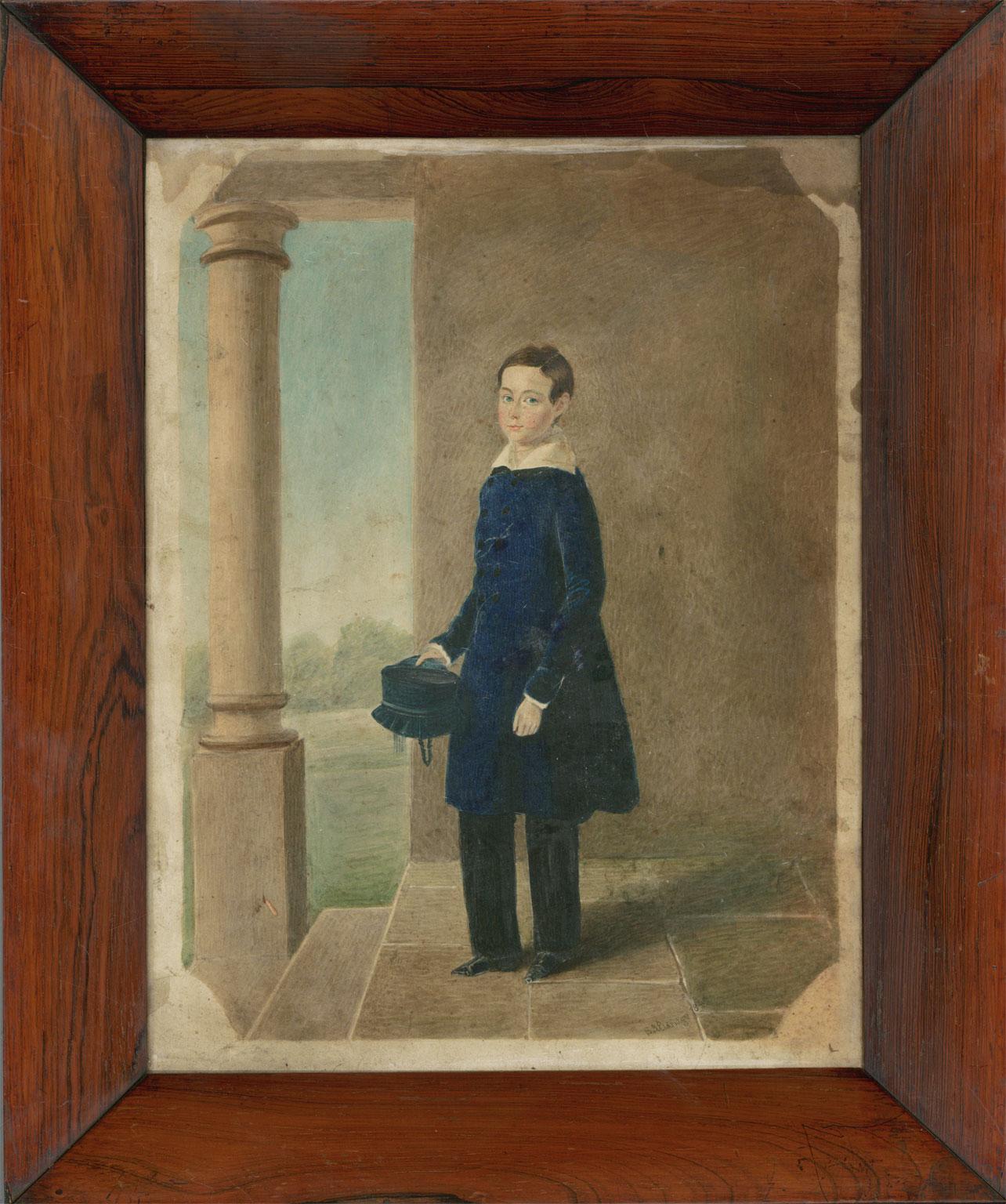 A very fine pair of early 19th Century watercolour portraits by the artist E.J. Eldridge, depicting both a portrait of a lady in a black dress with white lace accoutrements in an interior, and a young boy in his school uniform, depicted in a