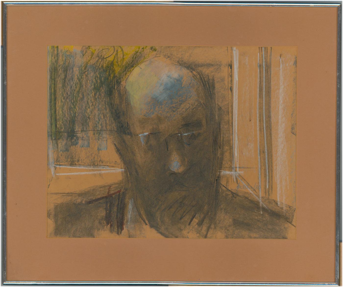 Peter Collins ARCA – signierte und gerahmte Kohlezeichnung, Selbstporträt, 1980
