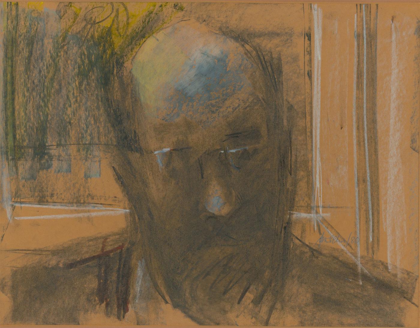 Peter Collins ARCA - Drawing au fusain de 1980, autoportrait, signé et encadré en vente 1