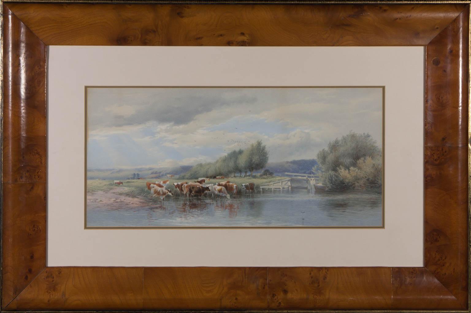 Landscape Art Unknown - Aquarelle du 20e siècle encadrée - Vaches au bord de la rivière