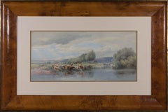 Framed 20th Century Watercolour - Cows by the Riverside