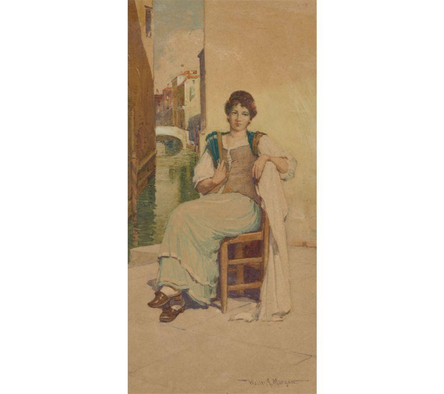 Walter Jenks Morgan (1847-1924) - Original Early 20th Century Watercolour. A beautiful watercolour by listed artist Walter J. Morgan depicting a Venetian woman seated on a chair before a canal. Presented in a titled gilt mount and ornate gilt frame.