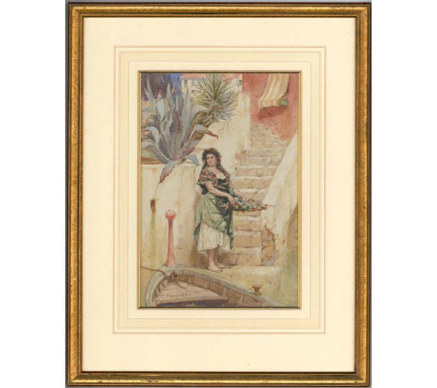 An impressive watercolour inscribed 'Roma' to the lower right corner. Well presented in a washline mount (51 x 40cm) with a gilt slip and gilt frame. Signed. On wove.
