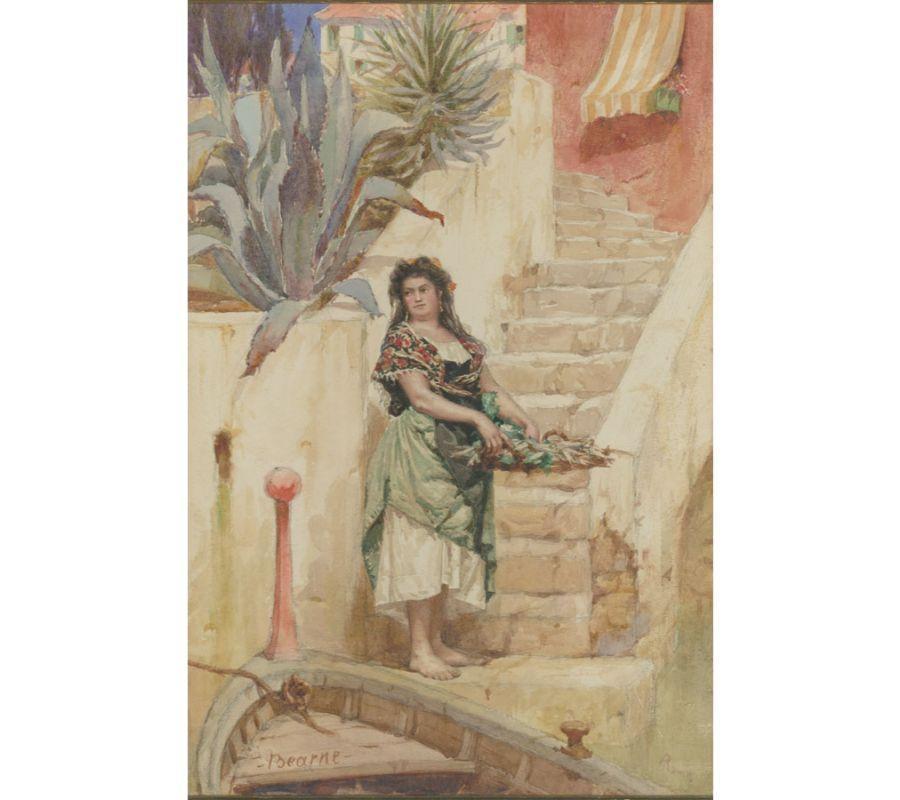 Edward Henry Bearne - Late 19th Century Watercolour, Italian Lady on Canal Steps For Sale 1
