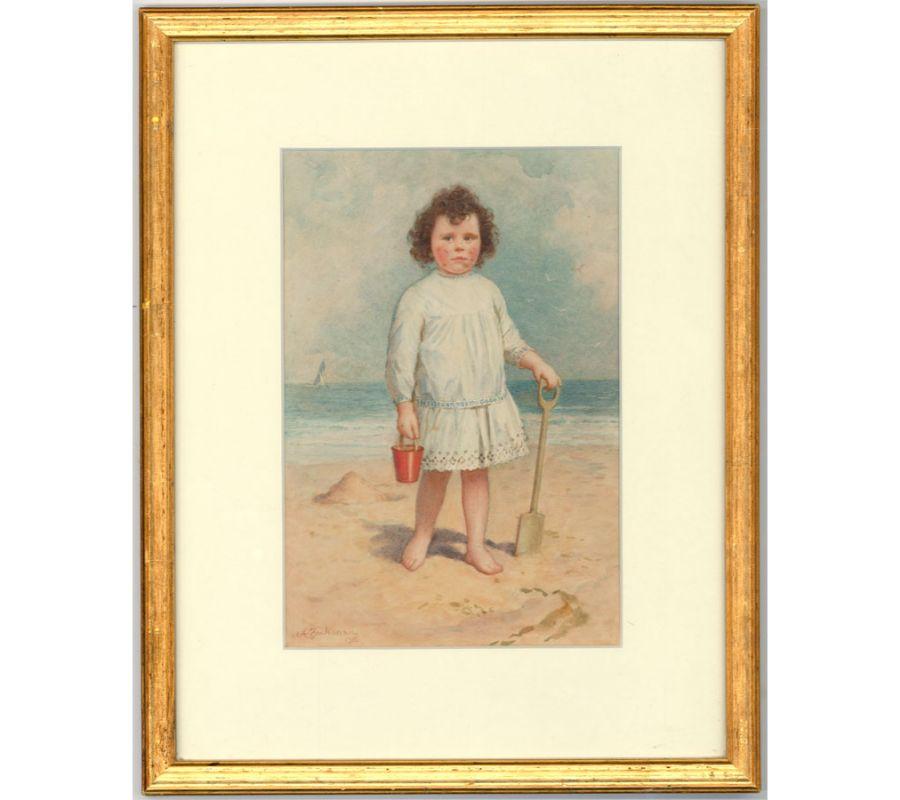 A delightful painting of a young girl with a bucket and spade on a beach, a sailing ship beyond. The painting is signed and dated to the lower left and excellently presented in a brushed gilt frame. Signed and dated. On wove.