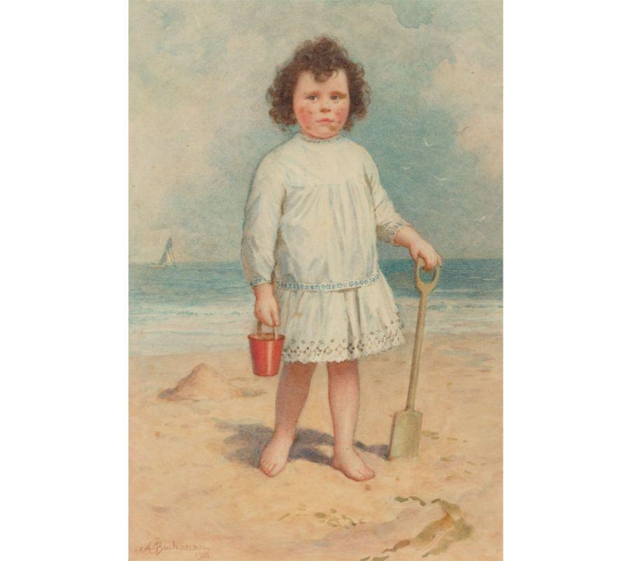Alexander Strachan Buchanan - Signed 1916 Watercolour, Young Girl on a Beach 1