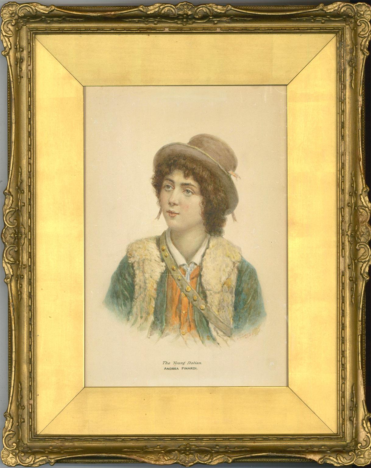 An impressive watercolour with fine detail depicting an Italian boy. Signed 'A. Finardi Roma' in the lower right and further inscribed with the title and artist to lower. Presented in an ornate gilt frame with gilt slip.