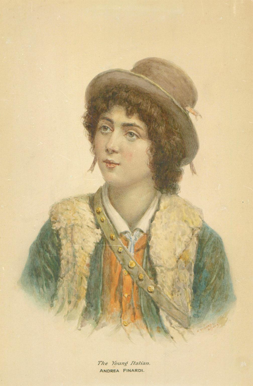 Andrea Finardi – vergoldetes gerahmtes Aquarell aus dem 19. Jahrhundert, „Der junge italienische Jünger“ im Angebot 2
