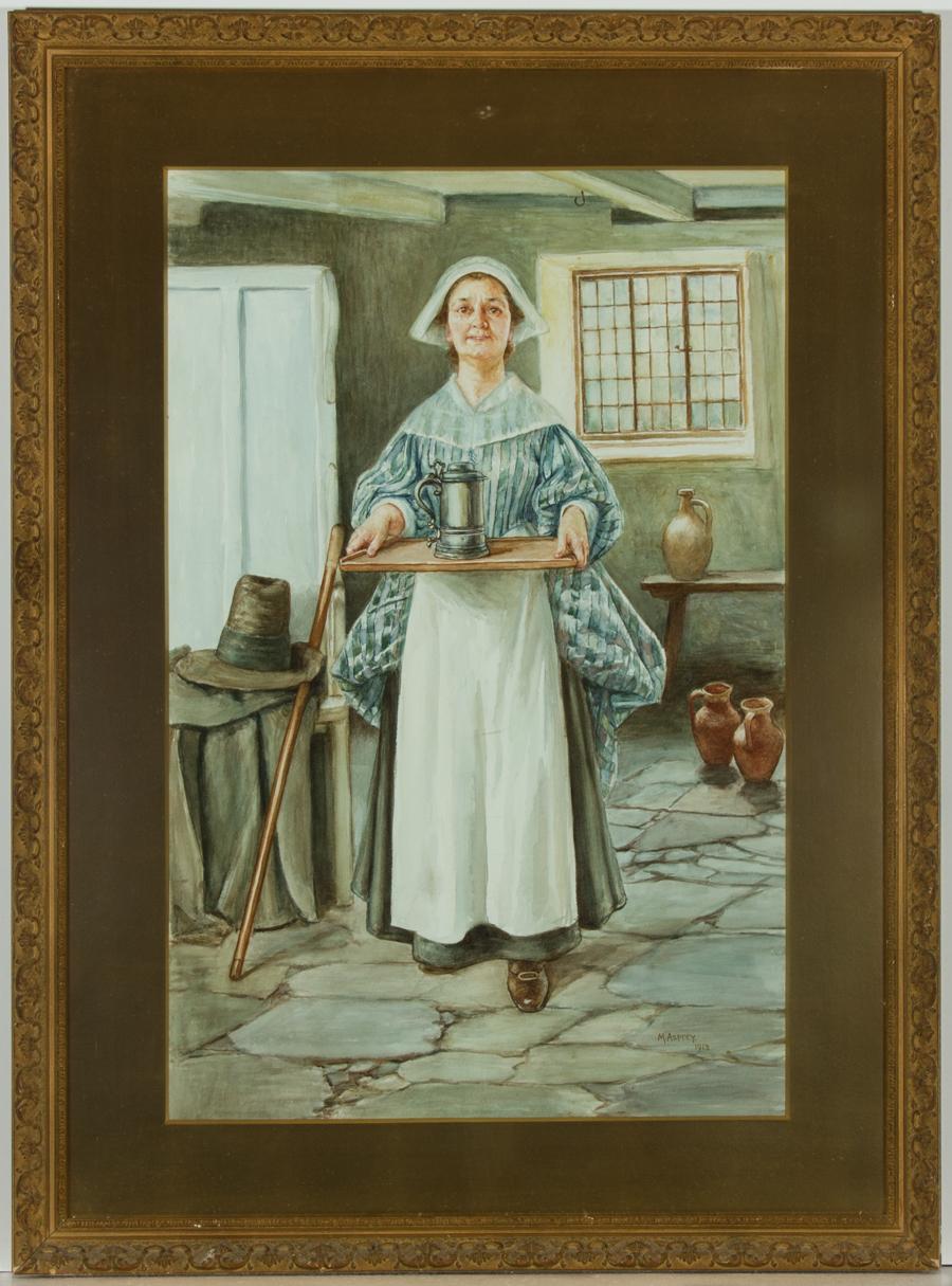 A fine watercolour from listed artist Minnie Asprey depicting a house maid dressed in 17th/18th century attire. Well presented in an ornate gilt frame with gold mount. Signed and dated. On wove.
