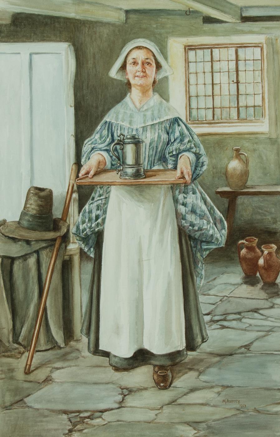 Minnie Asprey - Framed 1913 Watercolour, Portrait of a House Maid For Sale 1