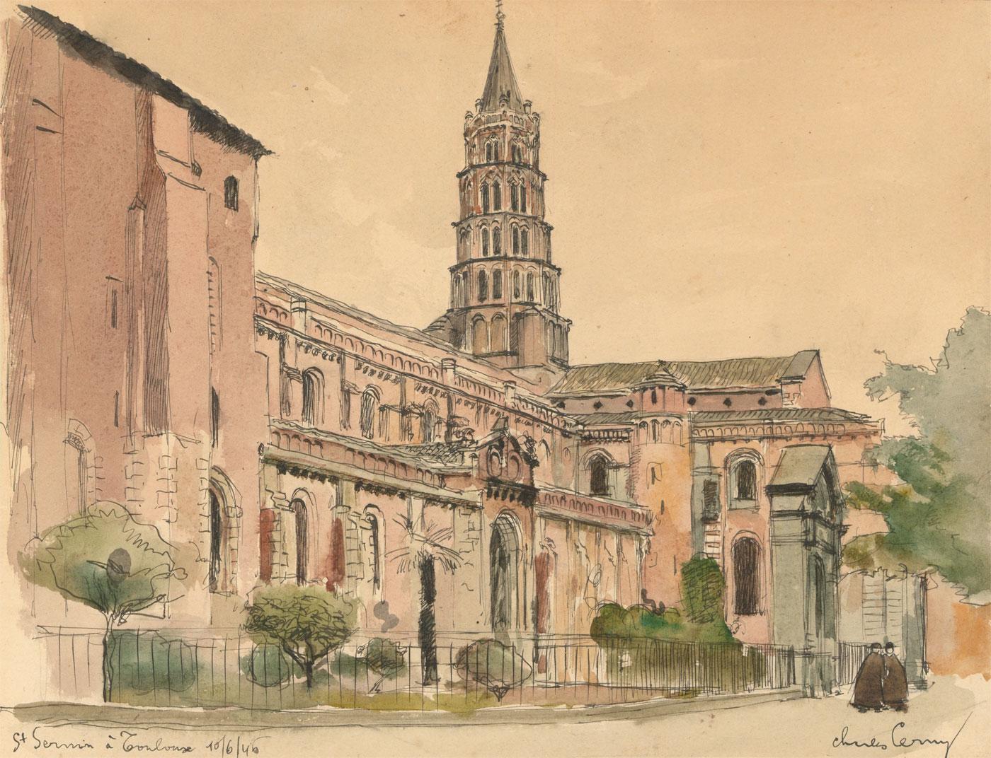 A very fine view of the Basilica of St Sernin in Toulouse, France. Laid to thin backing card. Signed and dated and inscribed. On wove.

