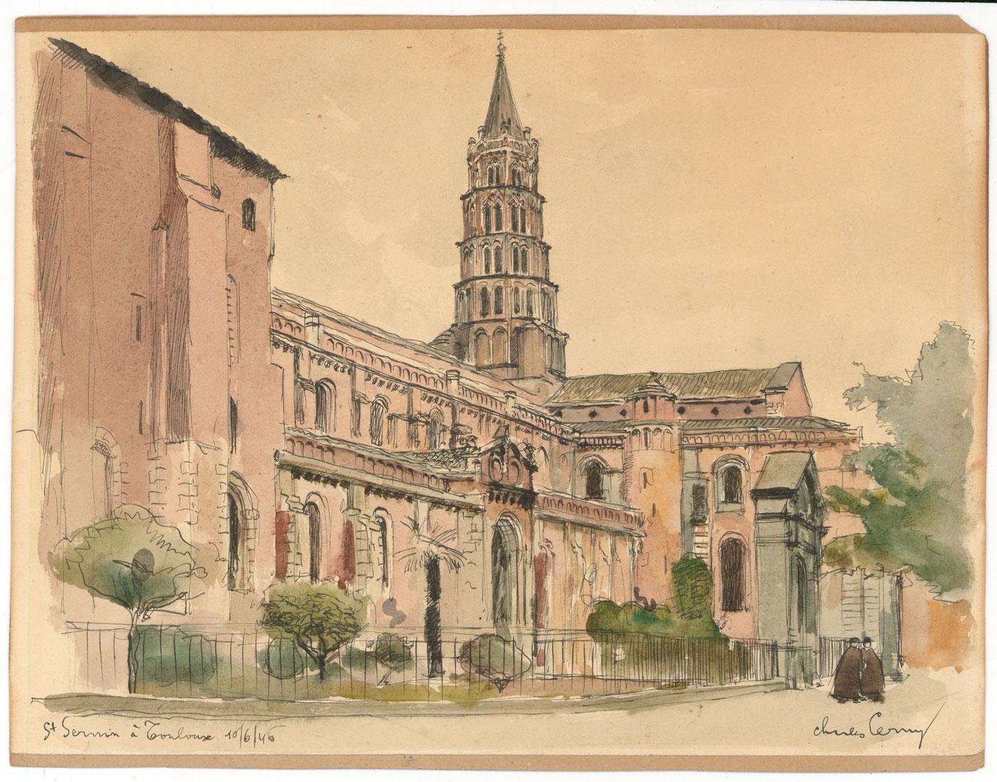 Charles Cerny (1892-1965) - Signed 1946 Pen and Ink Drawing, St Sernin Toulouse For Sale 1