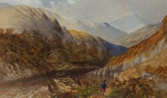 Framed 1824 Watercolour - Fisherman in a Scottish Highland Landscape