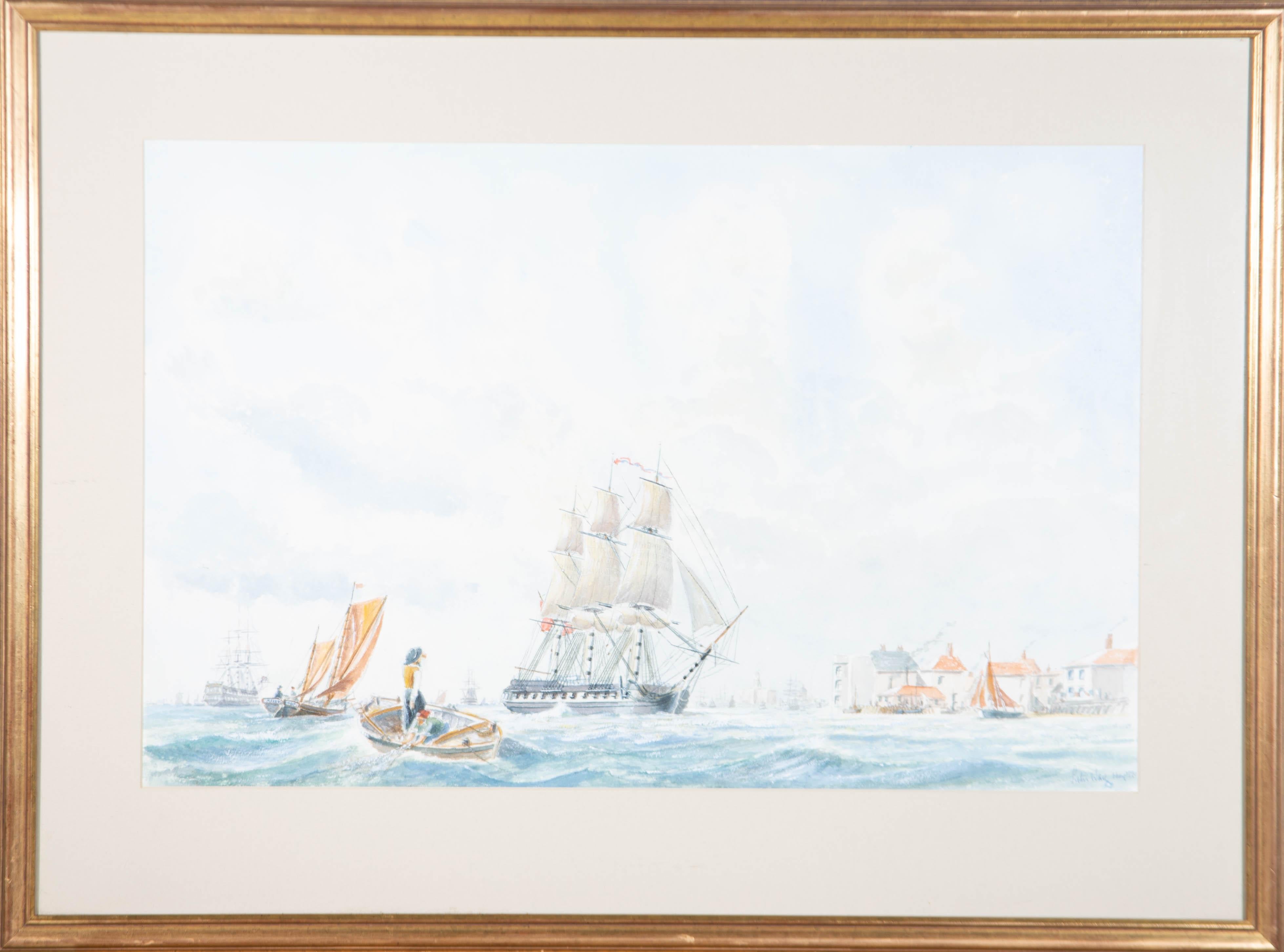 A fine watercolour depicting HMS Victory docking at Portsmouth Harbour. Well presented in a glazed and gilded wood frame with a grey mountboard.Signed.

On wove.