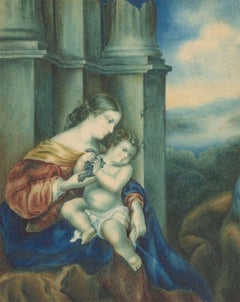 Antique Isabella Ogilby - Exceptional 1840 Watercolour, Mother and Child in Temple Ruins