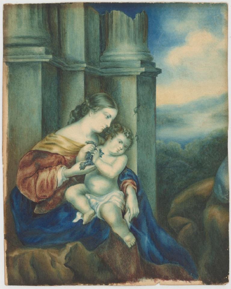 A truly exceptional watercolour depicting a classical mother and child in temple ruins. They hold grapes and there is a lake landscape beyond. Inscribed to the reverse- 