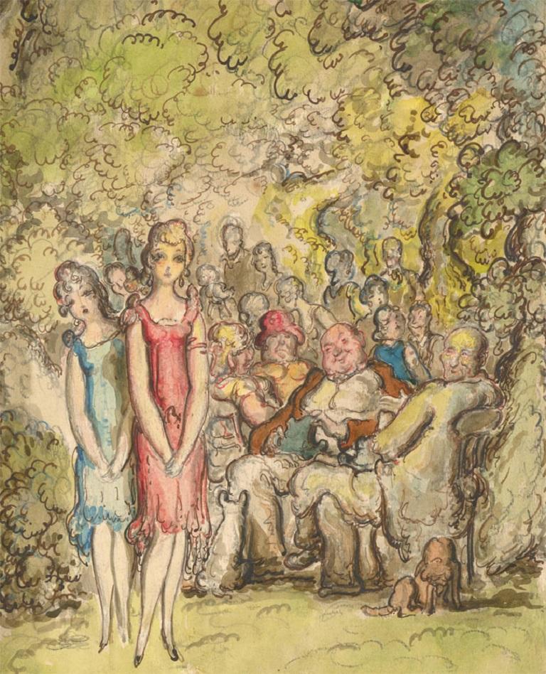A vibrant and characterful garden party, drawn in ink, watercolour and graphite. This is a fantastic example of the artist's ability to create narratives in his works - we see the older men at the front of the crowd watching the young, fashionable
